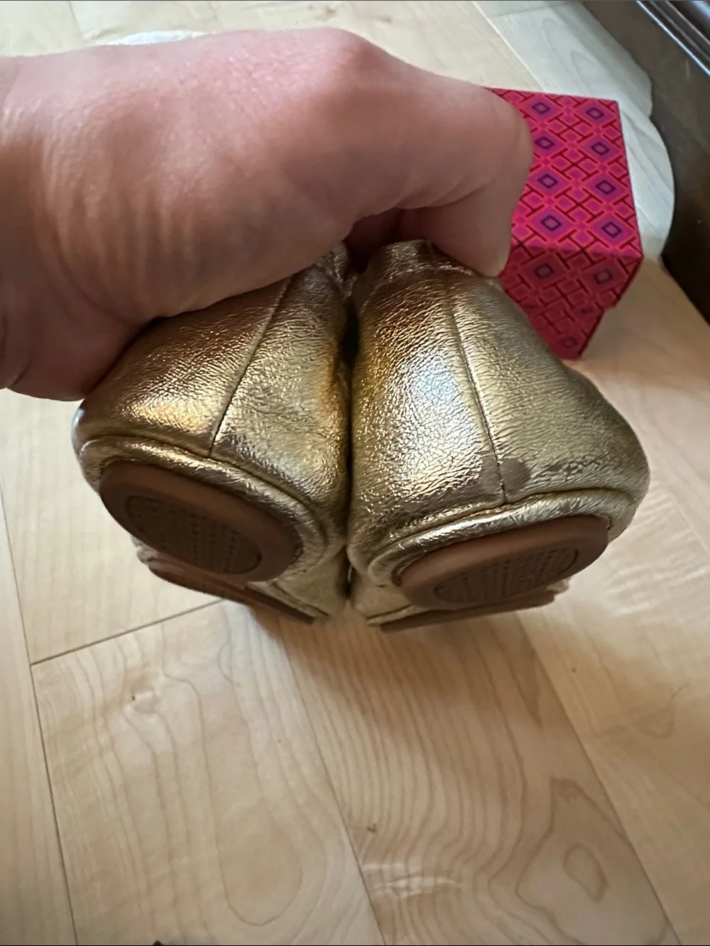 Tory Burch Metallic Gold Leather Logo Ballet Flats
